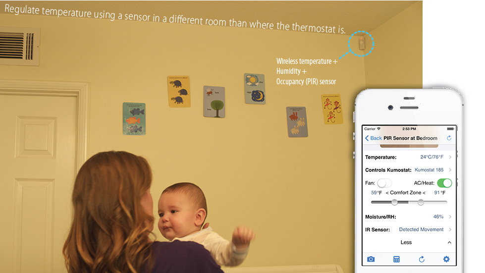 Regulate temperature using a sensor in a different room than where the thermostat is.